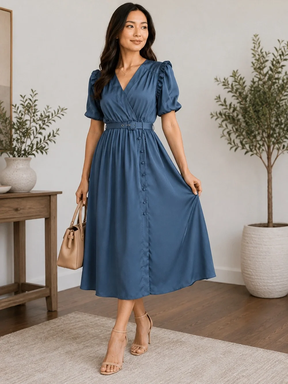 Kate Spade Blue Belted Midi Dress Size 0 Puff Sleeve A-Line Flaw
